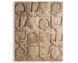 Luxusná veľká nástenná dekorácia Polisa z masívneho suarového dreva v hnedej farbe s vyrezávanými motívmi egyptských hieroglyfov v obdĺžnikovom tvare
