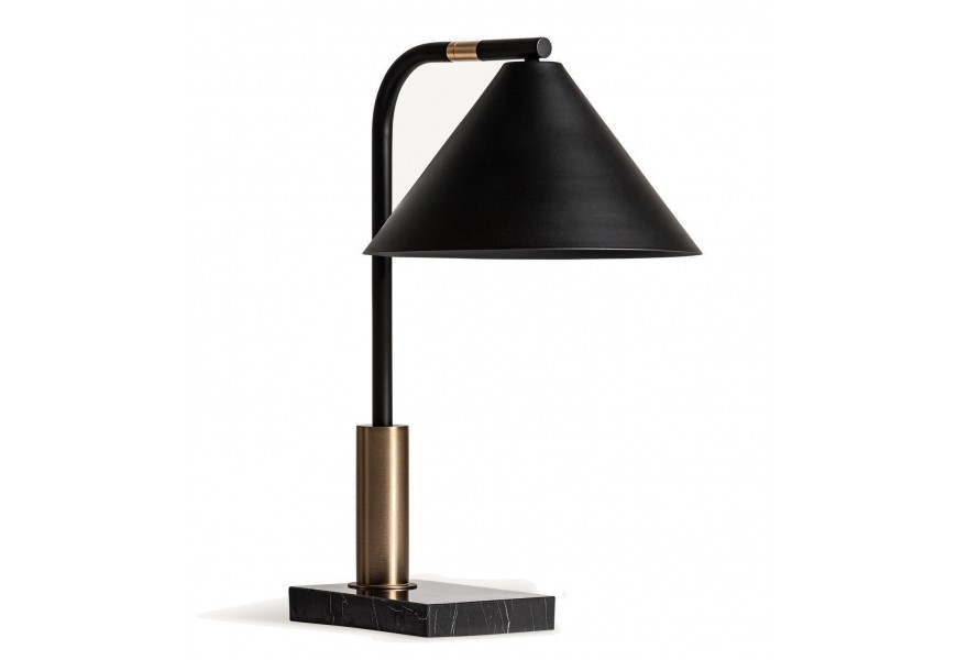 Glamour nočná lampa Zar s obdĺžnikovou podstavou z mramoru v čiernej farbe s bielymi žilkami s tienidlom z kovu v čiernej farbe so zlatými detailmi a nastaviteľným kĺbom