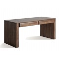 Luxusný písací stôl Lury v obdĺžnikovom tvare v hnedej farbe s hladkým povrchom z masívneho mangového dreva s dvomi zásuvkami so zaobleným povrchom a dvomi hrubými nohami