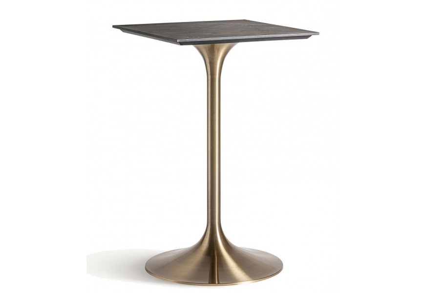 Luxusný glamour barový stôl Keny s nohou z kovu v zlatej farbe s hladkým povrchom v oblom tvare v okrúhlom tvare naspodku s vrchnou doskou v štvorcovom tvare v čiernej farbe z porcelánu s bielymi žilkami