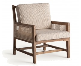 Luxusné koloniále kreslo Robin s čalúnenými vankúšmi v béžovej farbe s prešívaním s vrúbkovaným povrchom s dreveným masívnym rámom z mangového dreva s bočnými opierkami z ratanu s viedenským výpletom