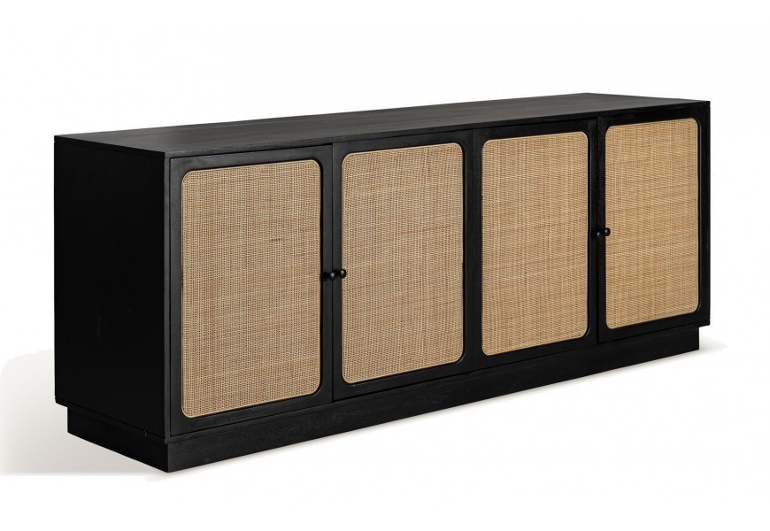 Luxusný príborník Morino v etno štýle so štyrmi dvierkami s výpletom v hnedej farbe z masívneho mangového dreva v čiernej farbe s dvomi poličkami