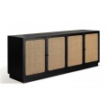 Luxusný príborník Morino v etno štýle so štyrmi dvierkami s výpletom v hnedej farbe z masívneho mangového dreva v čiernej farbe s dvomi poličkami