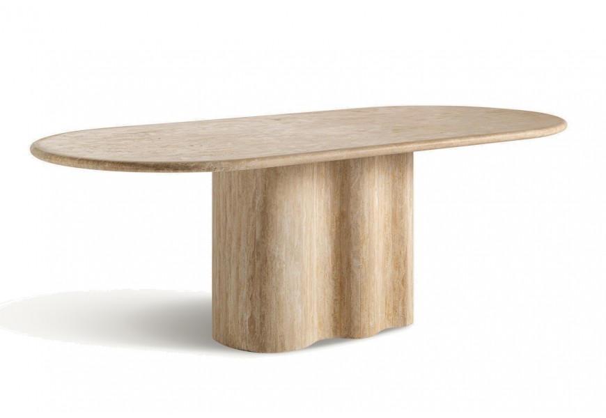 Luxusný art deco jedálenský stôl Lorisa v oválnom tvare z travertínu v béžovo pieskovej farbe s mohutnou nohou vo vlnitom tvare