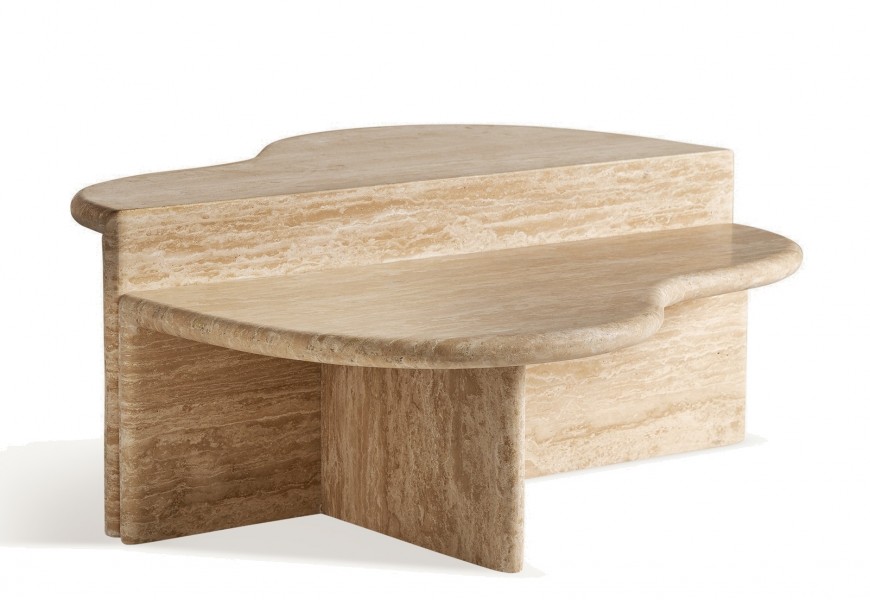 Luxusný konferenčný stolík Lorisa v pieskovo krémovej až hnedej farbe s vrchnými doskami vo vlnitom tvare z dvoch častí s plochými nožičkami