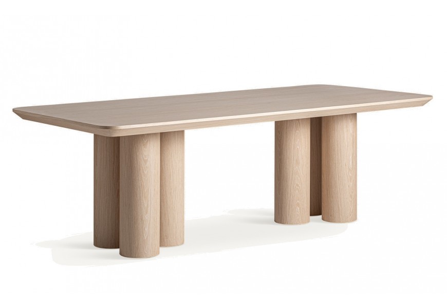 Luxusný svetlo hnedý drevený jedálenský stôl Reyesse s nádychom art deco štýlu s obdĺžnikovou vrchnou doskou so zaoblenými rohmi z dubového dreva so šiestimi valcovitými nohami