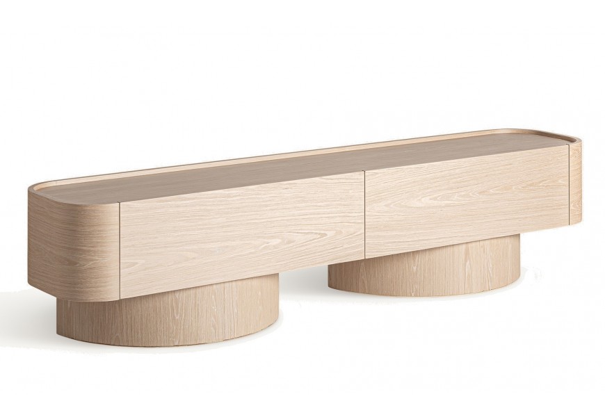 Luxusný moderný béžový TV stolík Elviro zaobleného obdĺžnikového tvaru z dubovej dyhy so zachovanou kresbou dreva s dvomi zásuvkami s úložným priestorom s push-to-open mechanizmom s dvomi zaoblenými nožičkami