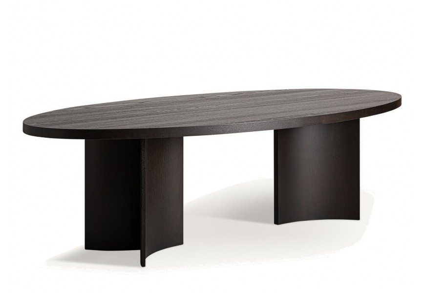 Luxusný art deco oválny jedálenský stôl Davaro v tmavohnedej farbe s prirodzenou kresbou dreva s geometrickými nožičkami pre štyri až šesť osôb