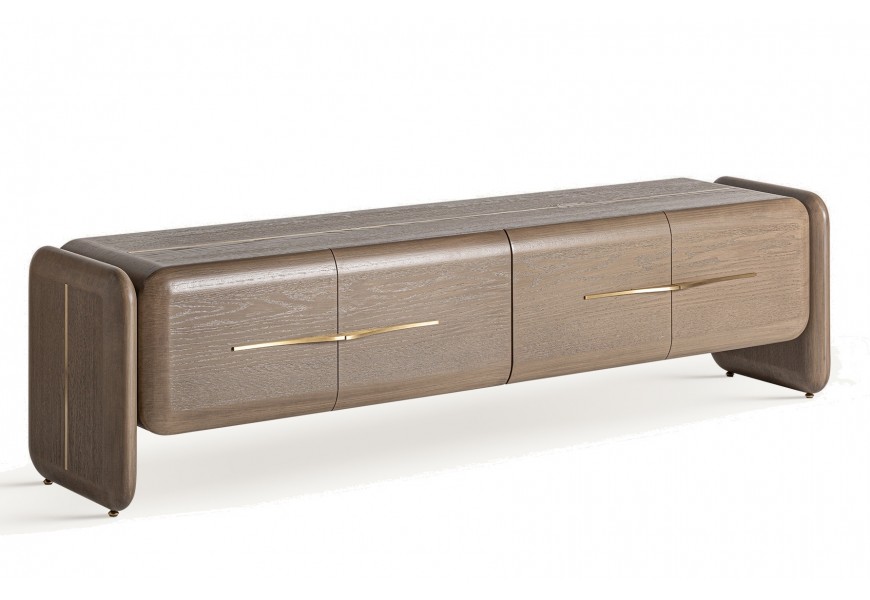 Luxusný art deco televízny stolík Ardelle hnedej farby so zachovanou kresbou dreva s dvomi obdĺžnikovými nožičkami s dvomi zásuvkami obdĺžnikového tvaru so zlatými úchytkami so zlatými detaimi