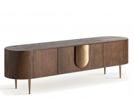 Luxusný art deco geometrický hnedý dvojdverový TV stolík Nisi so zlatými kovovými nožičkami a detailom so zásuvkou 200 cm 