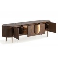 Luxusný art deco geometrický hnedý dvojdverový TV stolík Nisi so zlatými kovovými nožičkami a detailom so zásuvkou 200 cm 