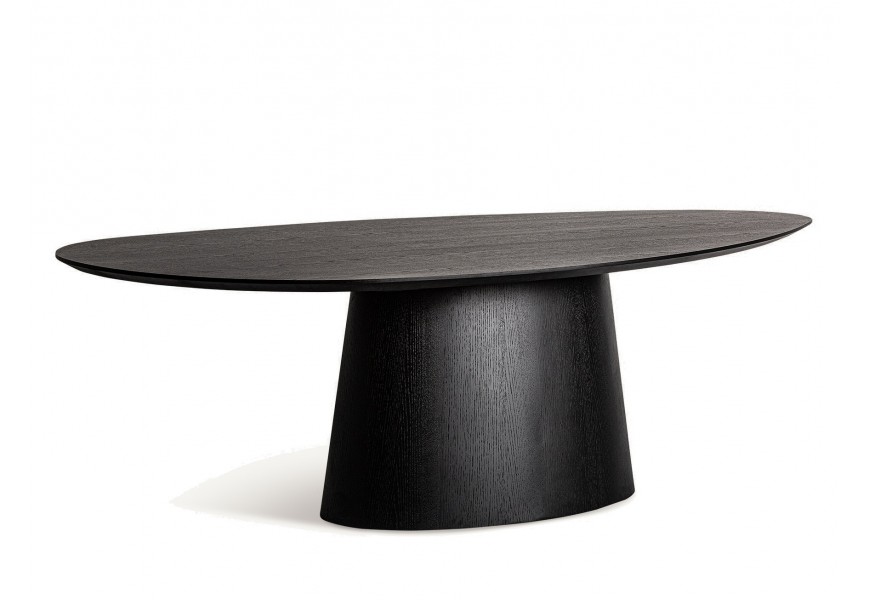 Luxusný art deco oválny jedálenský stôl Bular z masívneho dubového dreva v čiernej farbe s vrchnou doskou s výraznou štruktúrou letokruhov s jednou nohou