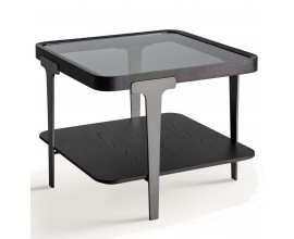 Luxusný art deco štvorcový masívny čierny príručný stolík Kuzor so sklenenou vrchnou doskou a poličkou 60 cm 