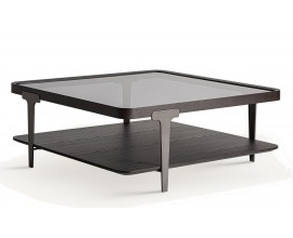 Luxusný art deco masívny čierny konferenčný stolík Kuzor s poličkou a kovovými nožičkami so sklenenou doskou 100 cm