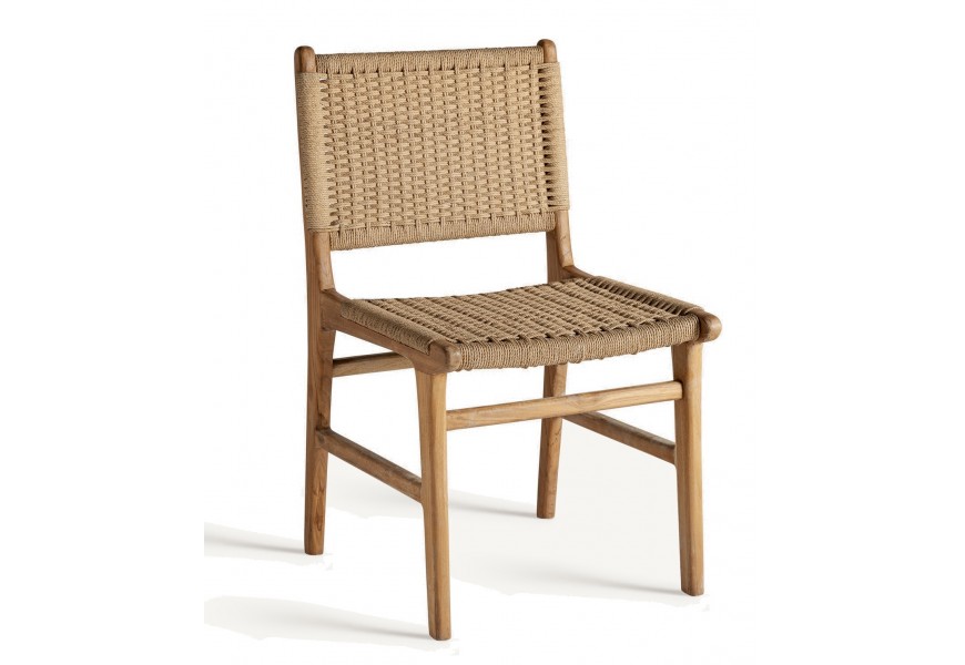 Luxusná etno masívna hnedá jedálenská stolička Conolly s rámom z teakového dreva s kresbou letokruhov a obdĺžnikovou opierkou a sedacou časťou s prírodným výpletom s košíkovým vzorom