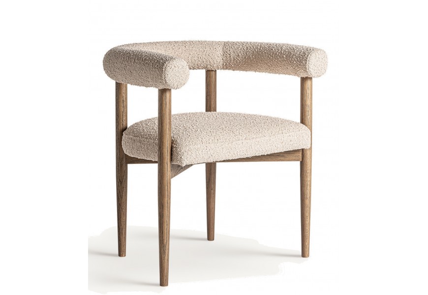 Luxusná moderná béžová jedálenská stolička Elara z hnedého jaseňového dreva zaobleného tvaru s buklé čalúnením 69 cm