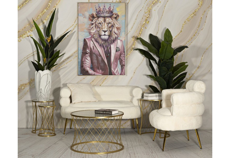 Dizajnová art deco zostava obývacieho nábytku Taglia v bielej a zlatej farbe s kožušinou a štruktúrovaným sklom