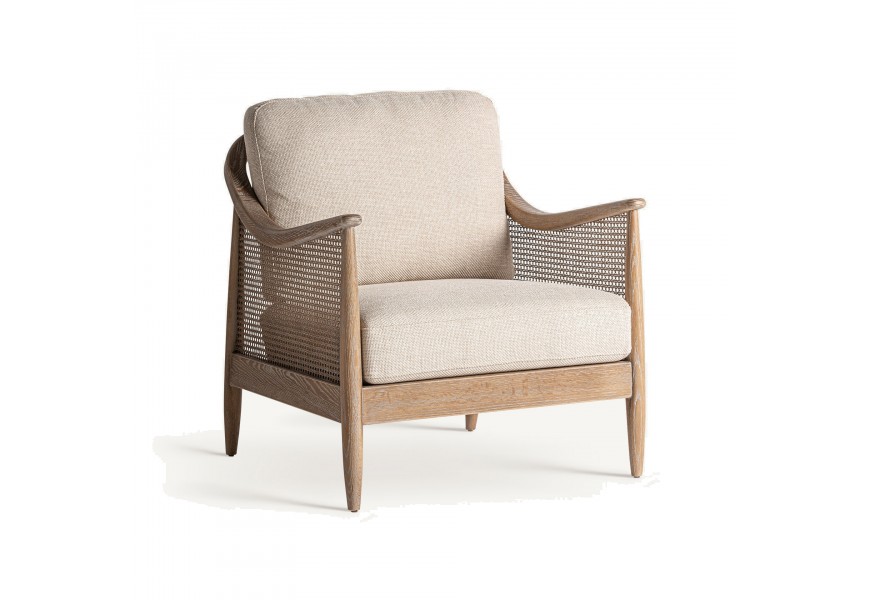 Luxusné retro kreslo Milonisa s čalúnením a poťahom v béžovej farbe s nožičkami a opierkami z jaseňového dreva v hnedej farbe s viedenským hnedým výpletom