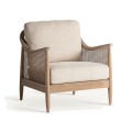 Luxusné retro kreslo Milonisa s čalúnením a poťahom v béžovej farbe s nožičkami a opierkami z jaseňového dreva v hnedej farbe s viedenským hnedým výpletom