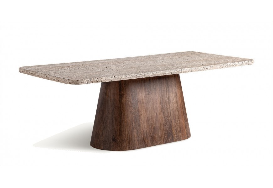 Luxusný glamour jedálenský stôl Zorasi s masívnou nohou v oválnom tv are z mangového dreva v hnedej farbe s vrchnou doskou v obdĺžnikovom tvare z travertínu v béžovej farbe s výraznou štruktúrou so zaoblenými rohmi