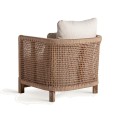 Luxusné etno čalúnené béžové záhradné kreslo Miliana s masívnym hnedým rámom a textilným výpletom 88 cm