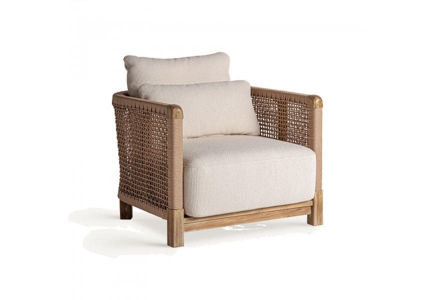Luxusné etno záhradné kreslo Milinia s výpletom z recyklovaného materiálu s rámom z naplaveného dreva v hnedej farbe a čalúnením s poťahom z textilu v béžovej farbe