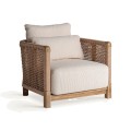 Luxusné etno záhradné kreslo Milinia s výpletom z recyklovaného materiálu s rámom z naplaveného dreva v hnedej farbe a čalúnením s poťahom z textilu v béžovej farbe