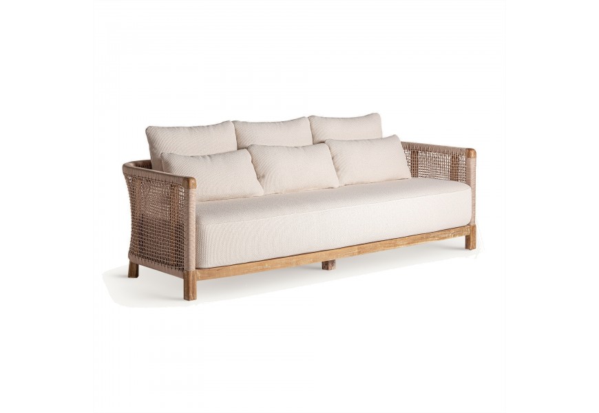 Luxusná etno trojmiestna záhradná sedačka MIliana v béžovej farbe so šiestimi čalúnenými vankúšmi s výpletom z recyklovaného materiálu a s dreveným rámom z naplaveného dreva