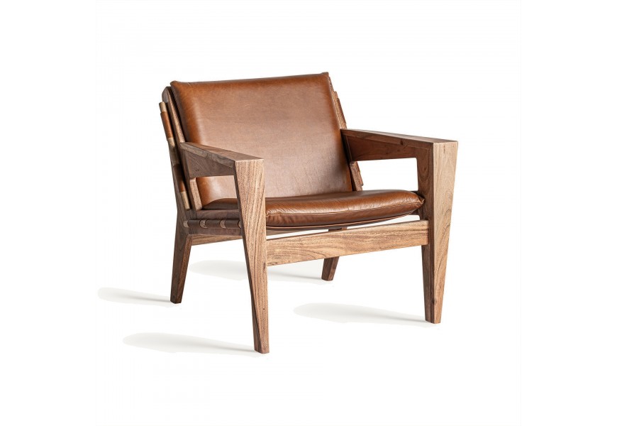Luxusné retro hnedé kreslo Misty s poťahom z pravej kože s rámom z masívneho akáciového dreva v hnedej farbe s čalúnením