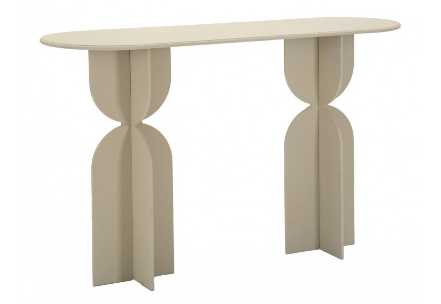 Dizajnový moderný pieskovo biely konzolový stolík Agafay z kovu s oválnou vrchnou doskou a dvomi štvorramennými nohami v tvare presýpacích hodín