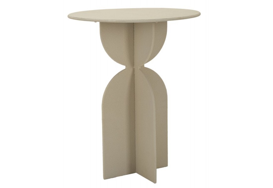 Moderný béžový príručný stolík Agafay s dizajnovou podstavou v tvare presýpacích hodín a okrúhlou vrchnou doskou so štruktúrovaným náterom