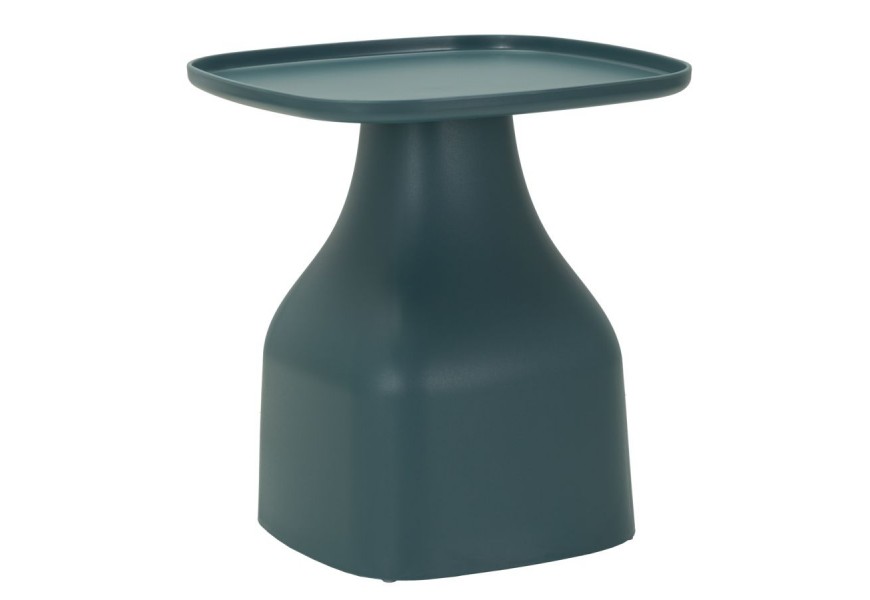 Dizajnový príručný stolík Avanguardio v petrolejovej modrej farbe s hladkým povrchom s vrchnou doskou v štvorcovom tvare s oblými hranami s keramickým vzhľadom