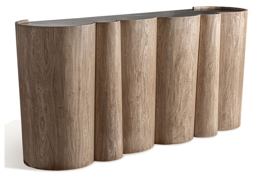 Luxusný art deco barový pult Zoran v atypickom tvare z masívneho akáciového dreva v hnedej farbe s deviatimi poličkami s vrchnou doskou z mramoru v čiernej farbe s bielymi žilkami