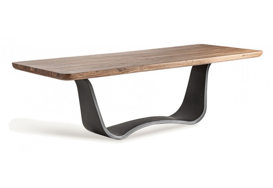 Luxusný art deco jedálenský stôl Jordyn v atypickom tvare z masívneho akáciového dreva v obdĺžnikovom tvare s vlnitou nohou do W z kovu v čiernej farbe