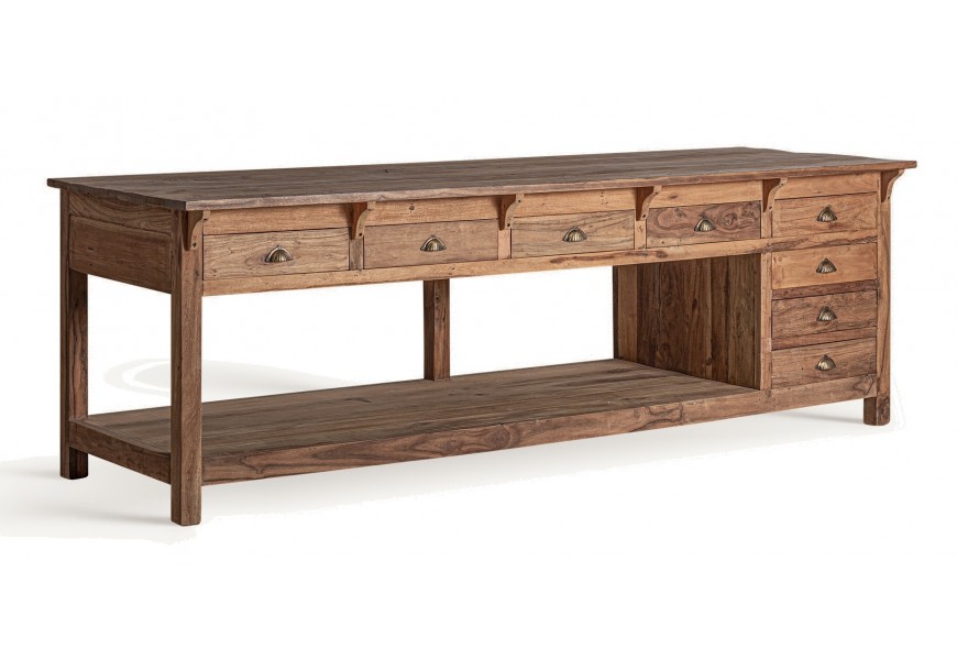 Luxusný vidiecky konzolový stolík Ronas v hnedej farbe s ôsmimi zásuvkami s úchytkami z kovu z masívneho dreva v obdĺžnikovom tvare s poličkou a piatimi nožičkami