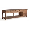 Luxusný vidiecky konzolový stolík Ronas v hnedej farbe s ôsmimi zásuvkami s úchytkami z kovu z masívneho dreva v obdĺžnikovom tvare s poličkou a piatimi nožičkami