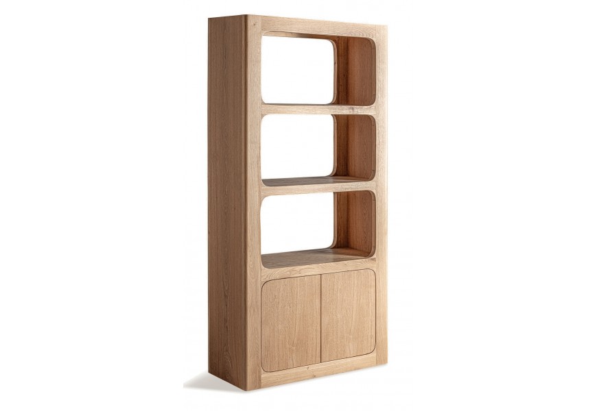 Luxusná art deco knižnica Larval s tromi poličkami a jednou skrinkou z masívneho dubového dreva v hnedej farbe s oblými rohmi