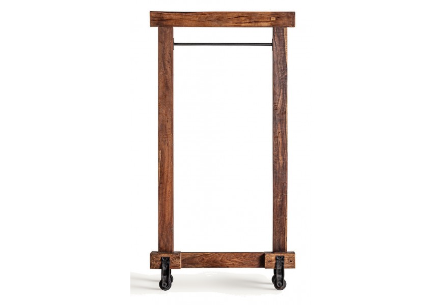 Luxusný industriálny vešiak Zarilon z masívneho mangového dreva v hnedej farbe na kolieskach s kovovou tyčou v obdĺžnikovom tvare