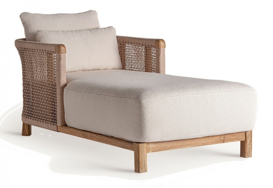 Luxusná etno čalúnená záhradná béžová leňoška Miliana s dreveným hnedým rámom a textilným výpletom s vankúšom 180 cm