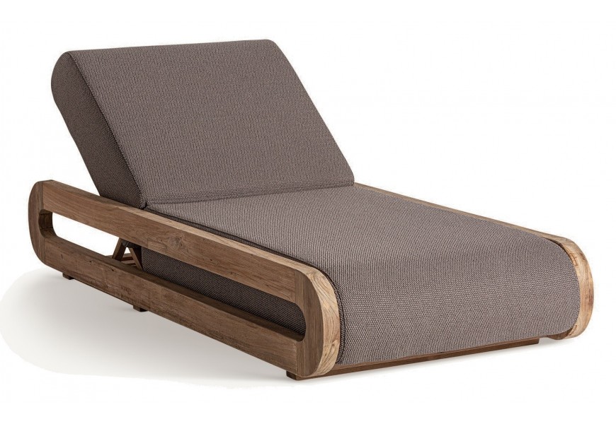 Luxusné vidiecke sivé polohovateľné záhradné lehátko Koras s bočnými drevenými hnedými opierkami 212 cm