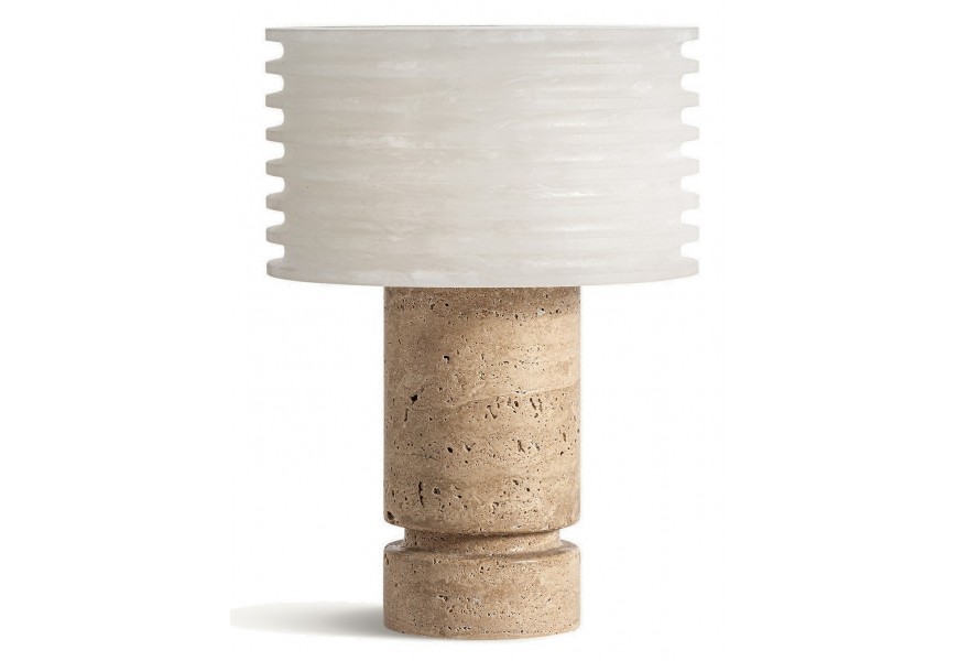 Luxusn&aacute; art deco okr&uacute;hla stoln&aacute; lampa Inika s keramick&yacute;m bielym tienidlom a valcovou hnedou mramorovou nohou 31 cm