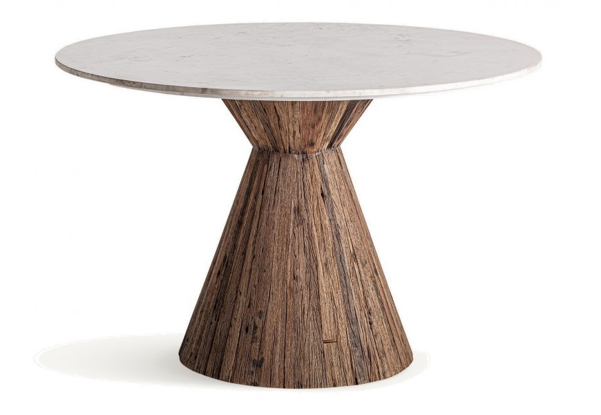Luxusný vidiecky mramorový biely okrúhly jedálenský stôl Juzina s kužeľovou drevenou hnedou nohou 120 cm 