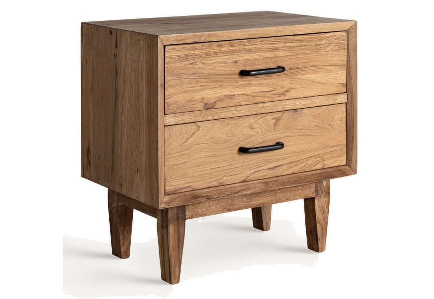 Luxusn&yacute; vidiecky mas&iacute;vny hned&yacute; obdĺžnikov&yacute; nočn&yacute; stol&iacute;k Trevor s dvomi z&aacute;suvkami s v&yacute;raznou &scaron;trukt&uacute;rou letokruhov 61 cm