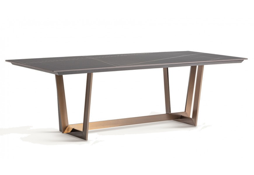 Luxusný glamour jedálenský stôl Brilon s vrchnou doskou z porcelánu s mramorovým dizajnom v čiernej farbe s bielymi žilkami s geometrickými nohami v medenej farbe z kovu