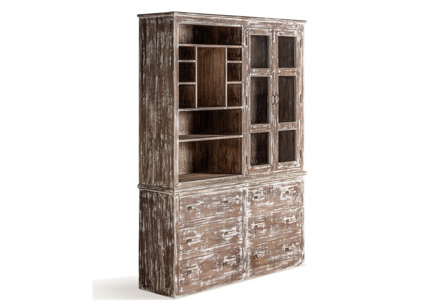 Luxusná koloniálna hnedá knižnica Polina s vintage bielou patinu so skrinkou so šiestimi zásuvkami a jedenástimi policami 216 cm