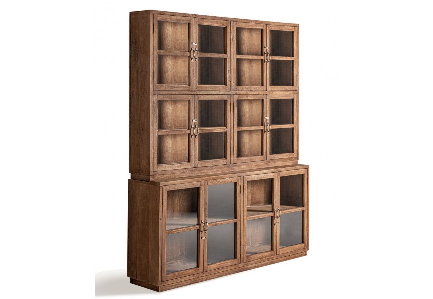 Luxusná rustikálna vitrína Lamenos v obdĺžnikovom tvare s dvanástimi dvierkami so sklenenou výplňou a šiestimi policami z masívneho recyklovaného mangového hnedého dreva