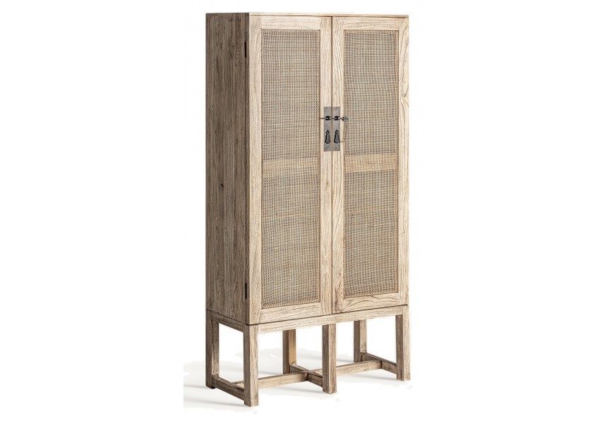 Luxusná koloniálna masívna svetlo hnedá obdĺžniková dvojdverová barová skrinka Ruka s výpletom a dvomi poličkami 171 cm