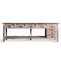 Luxusný koloniálny konzolový stolík Polina s vintage bielou patinou s ôsmimi zásuvkami a kovovými úchytkami s policou 274 cm