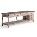 Luxusný vintage konzolový stolík Polina v obdĺžnikovom tvare s ôsmimi zásuvkami a úchytkami z kovu s policou s efektom vymývanej farby s piatimi nožičkami s vrchnou doskou v hnedej farbe z masívneho tropického dreva