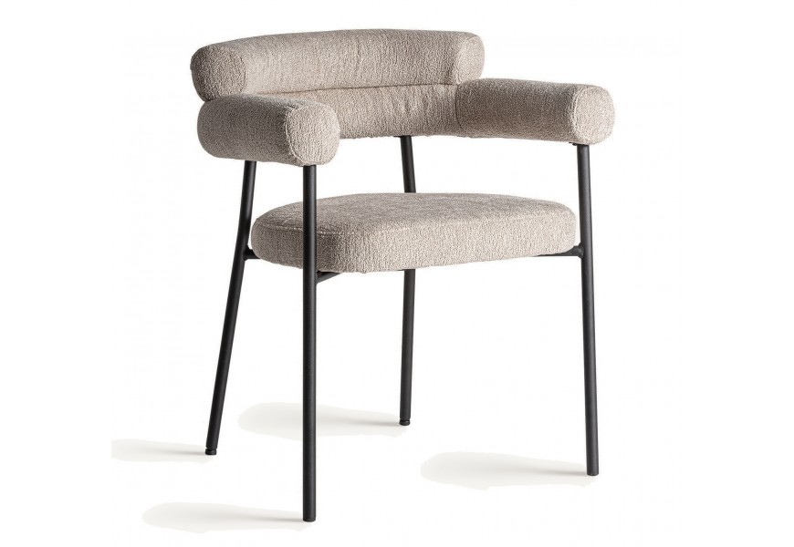 Luxusná art deco jedálenská stolička s industriálnym nádychom Lora s kovovými nožičkami v čiernej farbe s atypickou valcovou čalúnenou opierkou so sivým poťahom